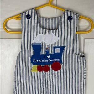 Vintage Boys Alaska Railroad Striped Blue and White Overalls - 6 months